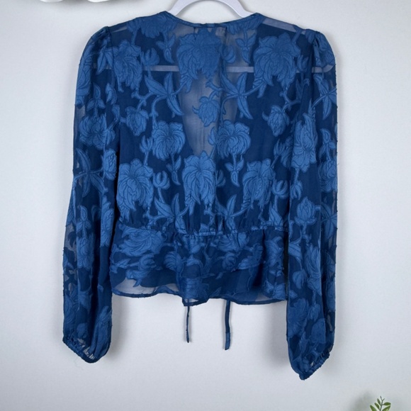 B-O-G COLLECTIVE Bright Blue Floral Semi Sheer Ruffles Top / Size Small - Picture 10 of 14